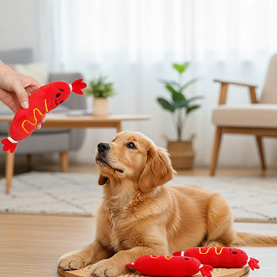 Peluche chien UltraDouce hot-dog rouge couche chien
