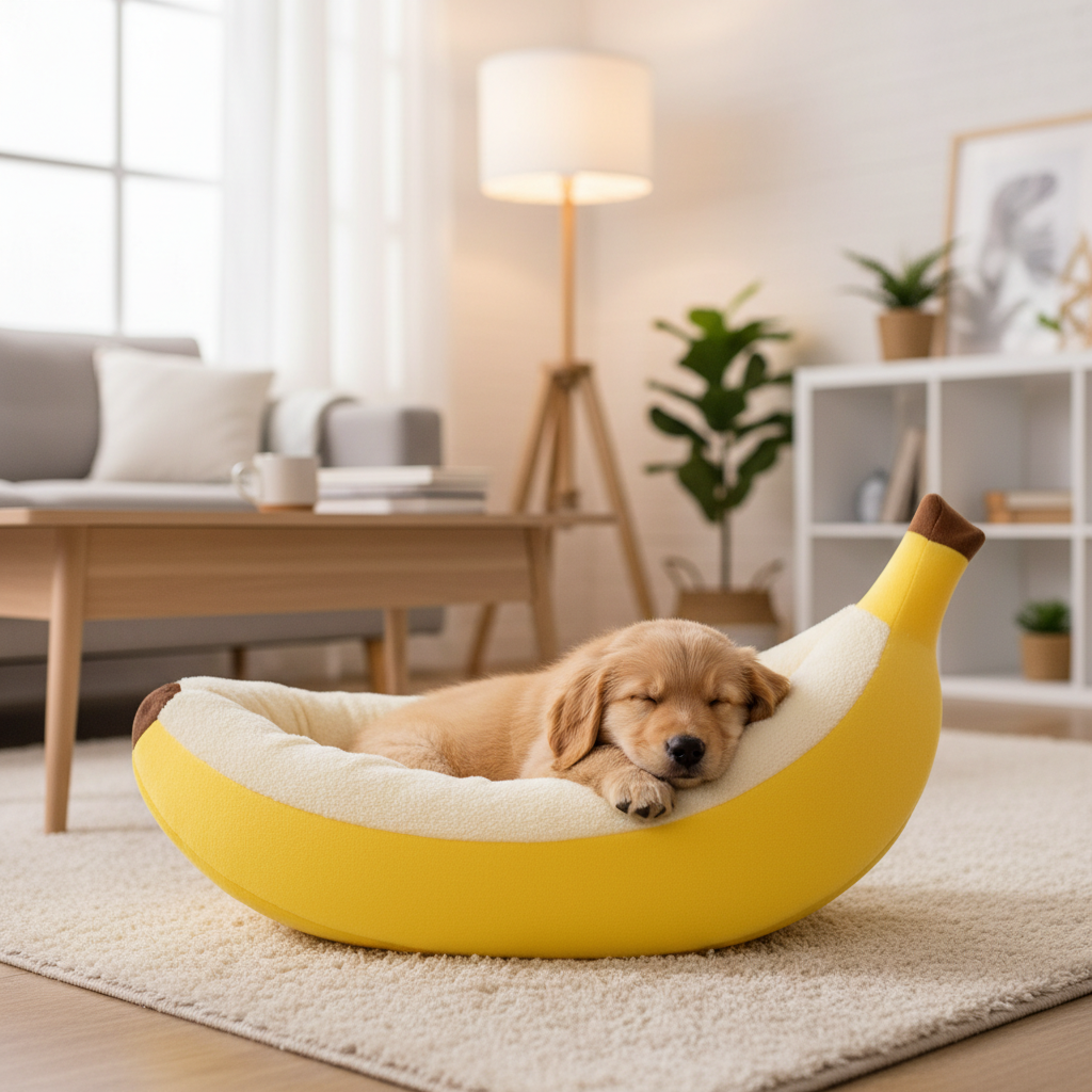 Petit chiot dans un lit banane croissant de lune